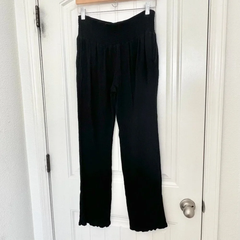 Three Dots Black Smocked Waist Wide Leg Gauze Beach Pant with Pockets Sz Medium - Picture 6 of 9